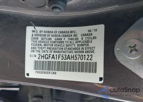 2010 Honda Civic Lx z USA, uszkodzony, nr VIN 2HGFA1F53AH570122